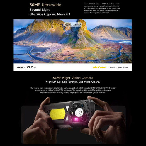  Téléphone robuste Ulefone Armor 29 Pro, 16 Go + 512 Go, vision nocturne, écran 6,67 pouces + 1,04 pouce, Android 15, MediaTek Dimensity 7400 Octa Core, réseau : 5G, OTG, NFC (noir) SU023B638-017